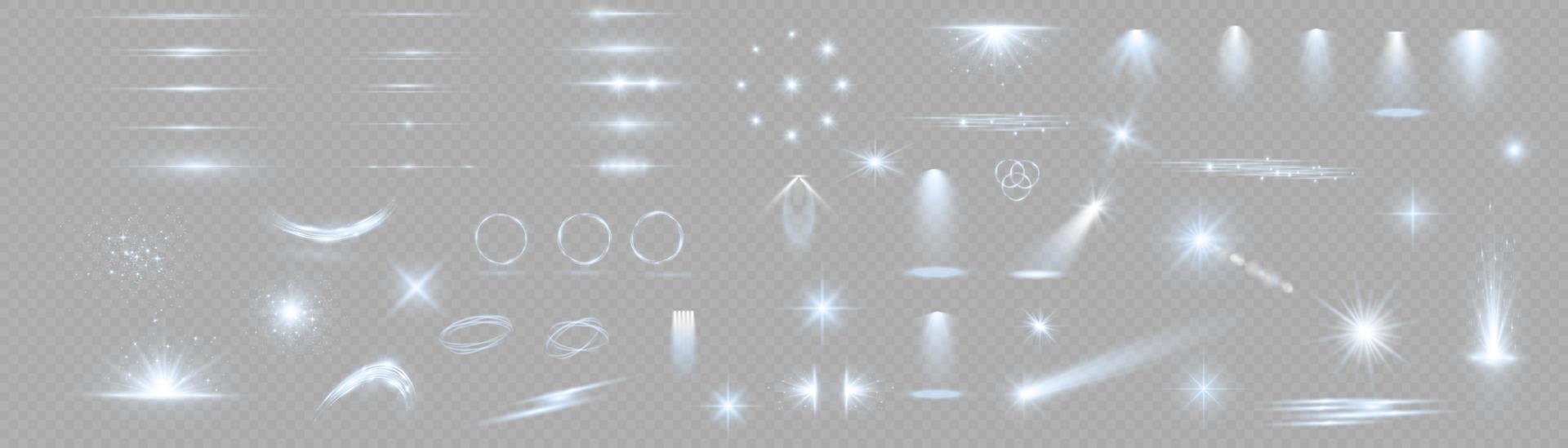 Light effect set. Glow isolated blue light effect set, lens flare, explosion, glitter, dust, line, sun flash, spark and stars, spotlight, curve twirl. Sunlight, abstract special effect. vector