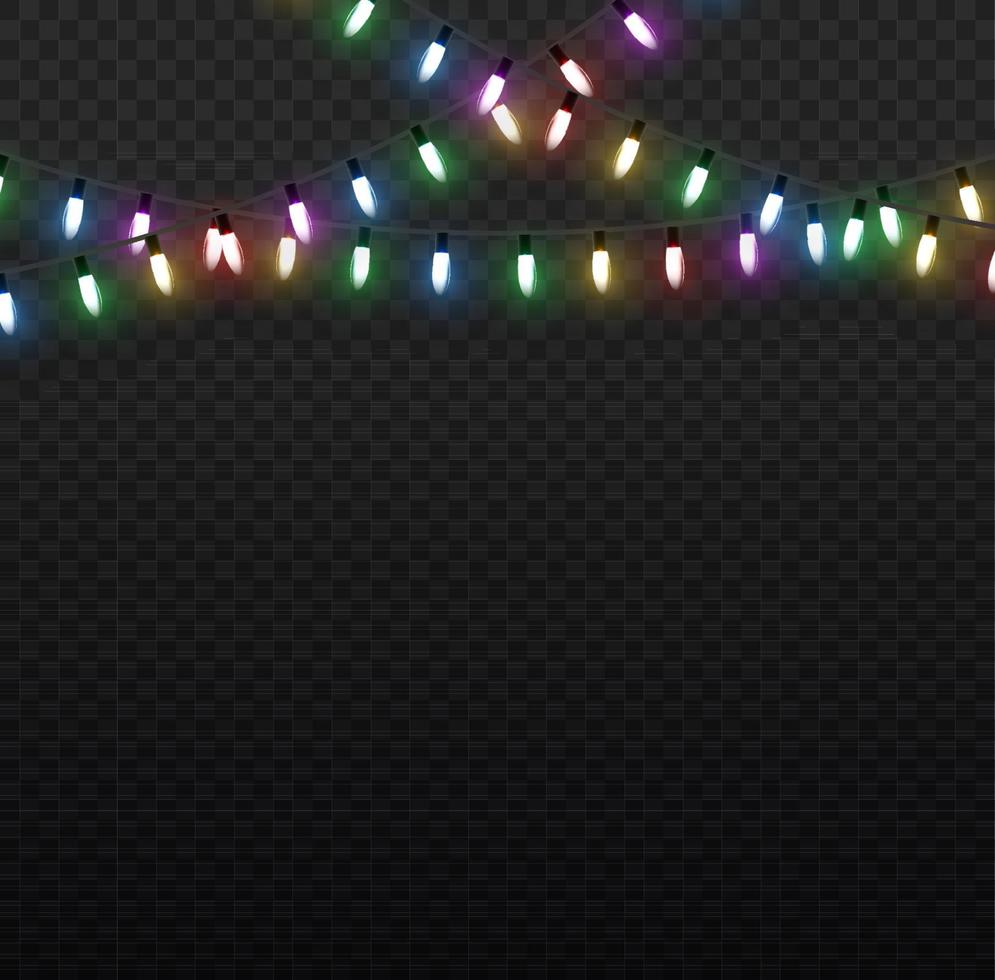 Christmas lights. Vector line with glowing light bulbs. Set of golden xmas glowing garland Led neon lamp illustration.