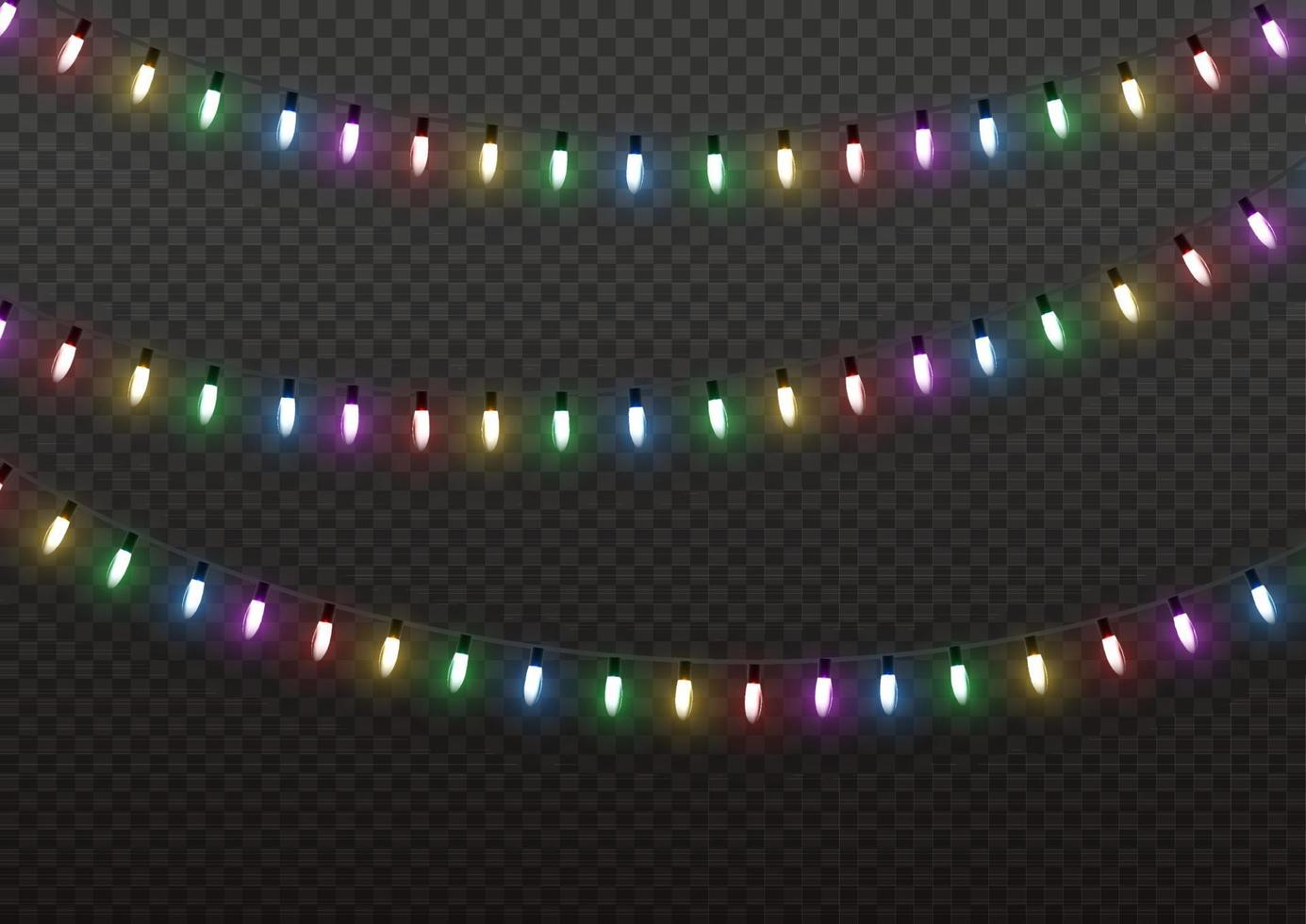 Christmas lights. Vector line with glowing light bulbs. Set of golden xmas glowing garland Led neon lamp illustration.