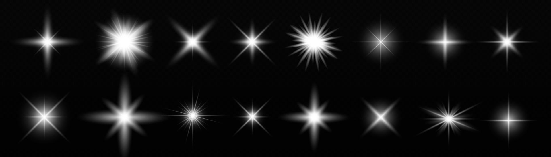 conjunto de efectos de luz blanca aislada blanca, destello de lente, explosión, brillo, línea, destello solar, chispa y estrellas. diseño abstracto de elementos de efectos especiales. vector