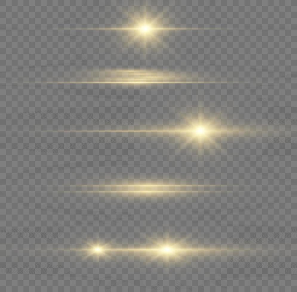 paquete de destellos de lentes horizontales amarillas. rayos láser, rayos de luz horizontales. hermosos destellos de luz. luz de flash con chispas de polvo de hadas y estrellas doradas brillan. luz de brillo polvoriento. vector