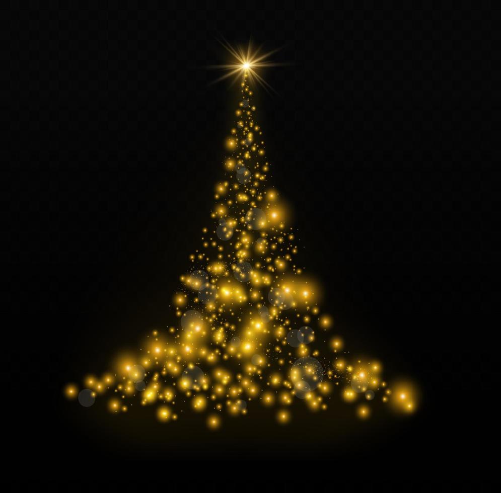 Christmas tree from light vector. Golden Christmas tree as a symbol of a happy New Year, a merry Christmas holiday. Golden light decoration. Bright shiny vector