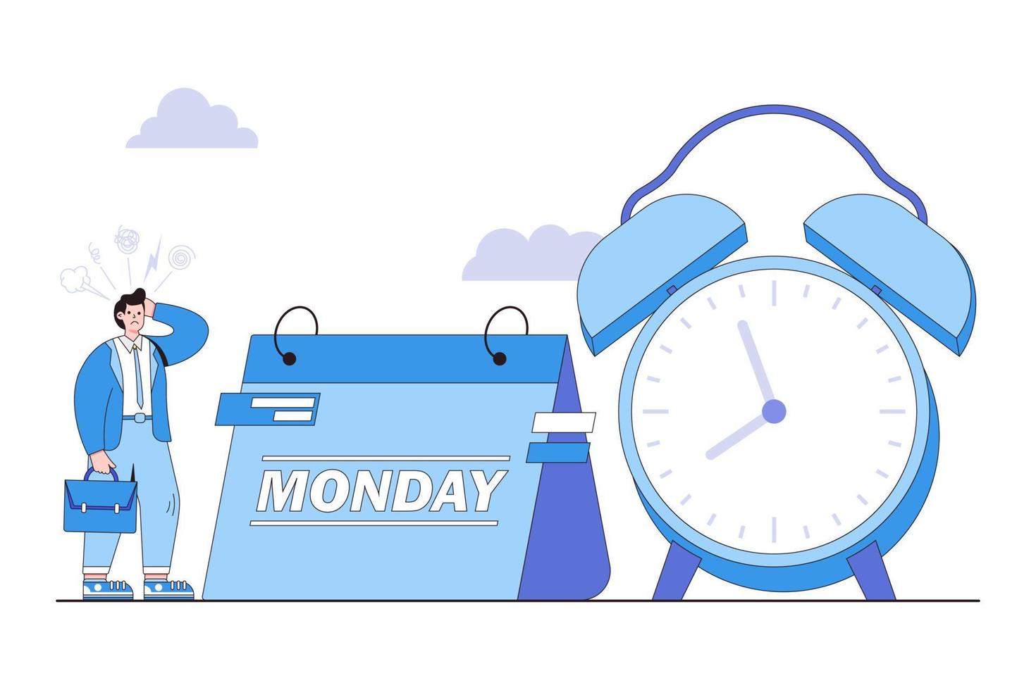 Hate monday morning, fear of routine office job, tired unhappy worker trying to start the work week, burnout syndrome concepts. Lazy businessman seeing alarm clock and calendar showing monday vector