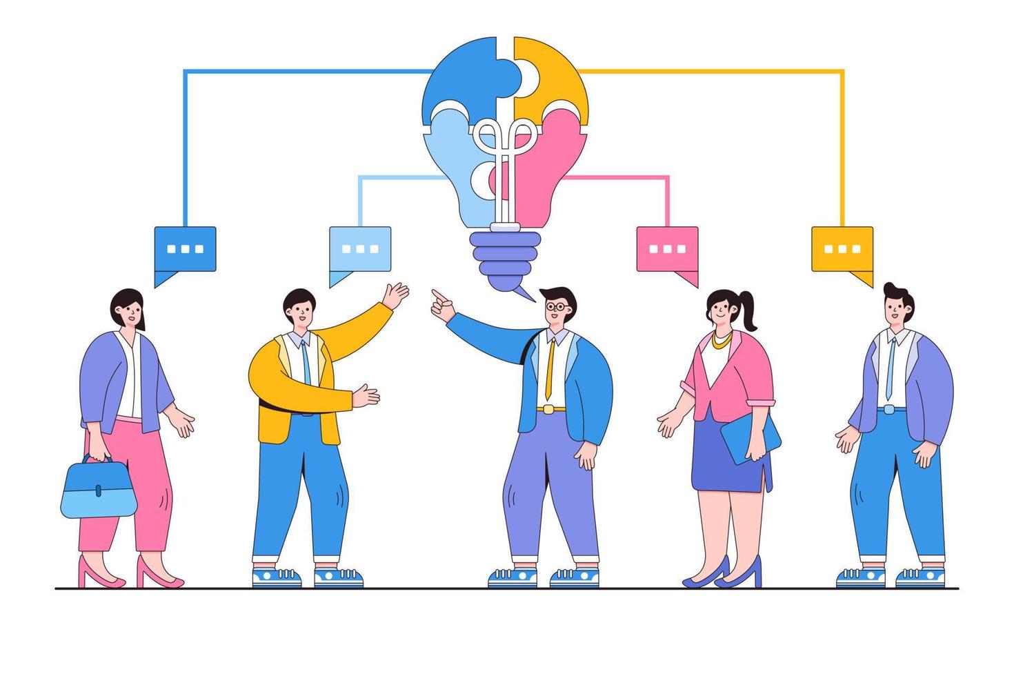 Meeting, discussion or conference to get solution, brainstorm to generate ideas, cooperation teamwork concepts. Businesspeople team connecting pieces of brain jigsaw puzzle speech bubble into one vector