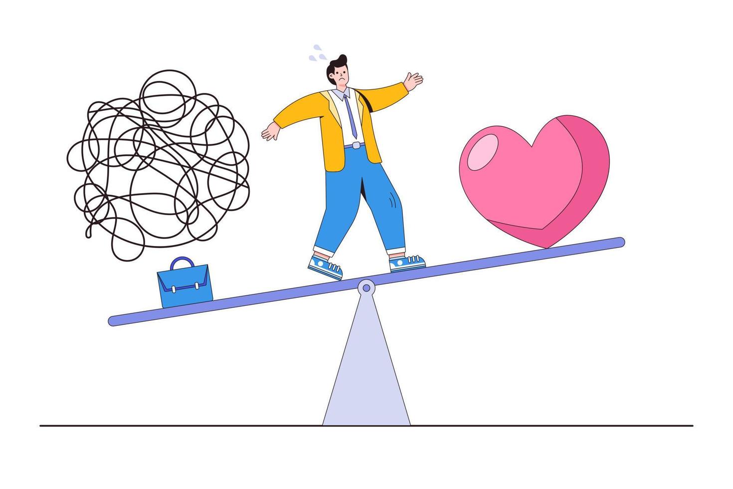 Emotional management between work stressed and happy lifestyles, keep harmony among career and life concepts. Businessman standing on seesaw balancing briefcase with messy lines and passion heart vector