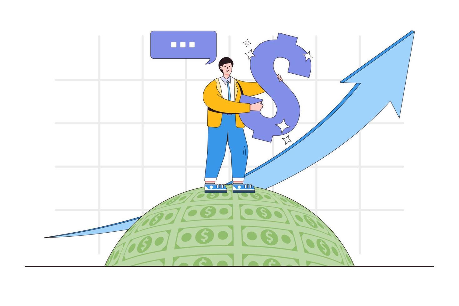 Money advice or financial strategy, wealth or budget planning, business investment consultant concept. Businessman advisor standing on money globe and holding dollar symbols with increase arrow graph vector