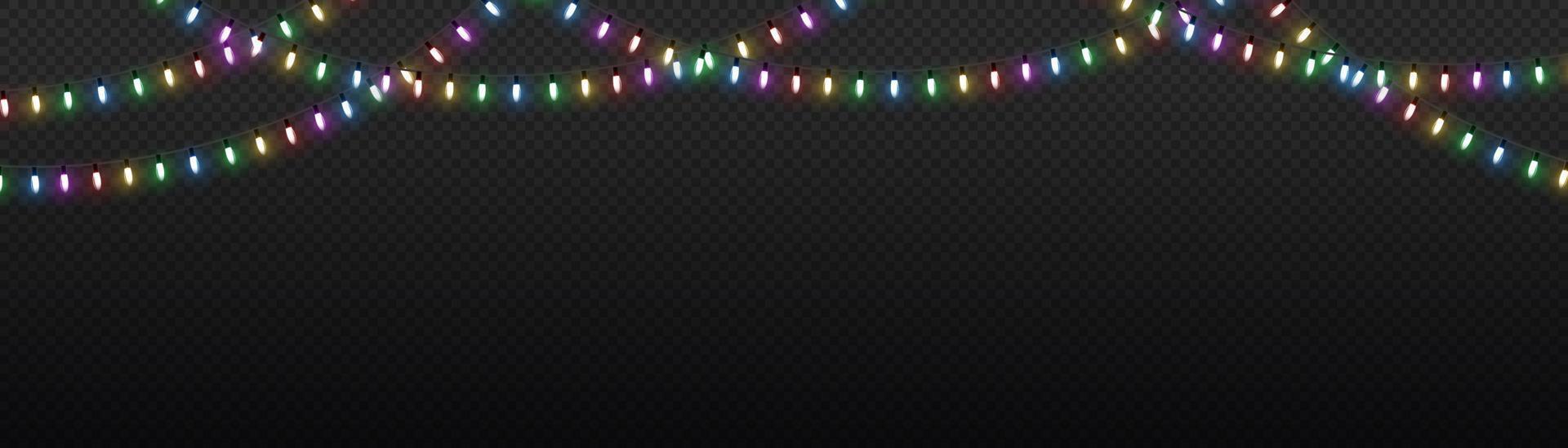 Christmas lights. Vector line with glowing light bulbs. Set of golden xmas glowing garland Led neon lamp illustration.