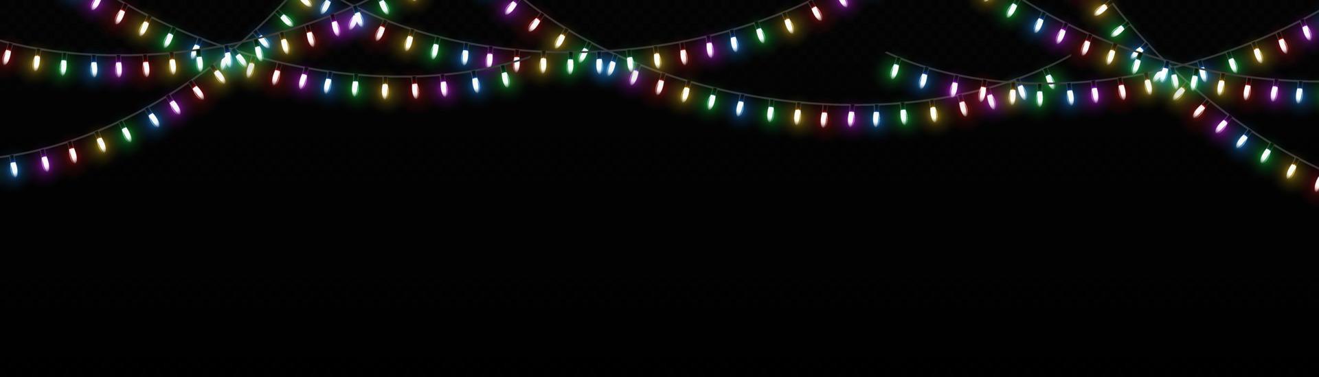 Christmas lights. Vector line with glowing light bulbs. Set of golden xmas glowing garland Led neon lamp illustration.