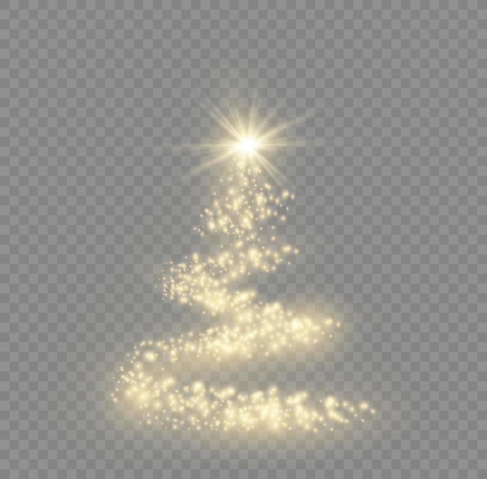 Christmas tree from light vector. Golden Christmas tree as a symbol of a happy New Year, a merry Christmas holiday. Golden light decoration. Bright shiny vector