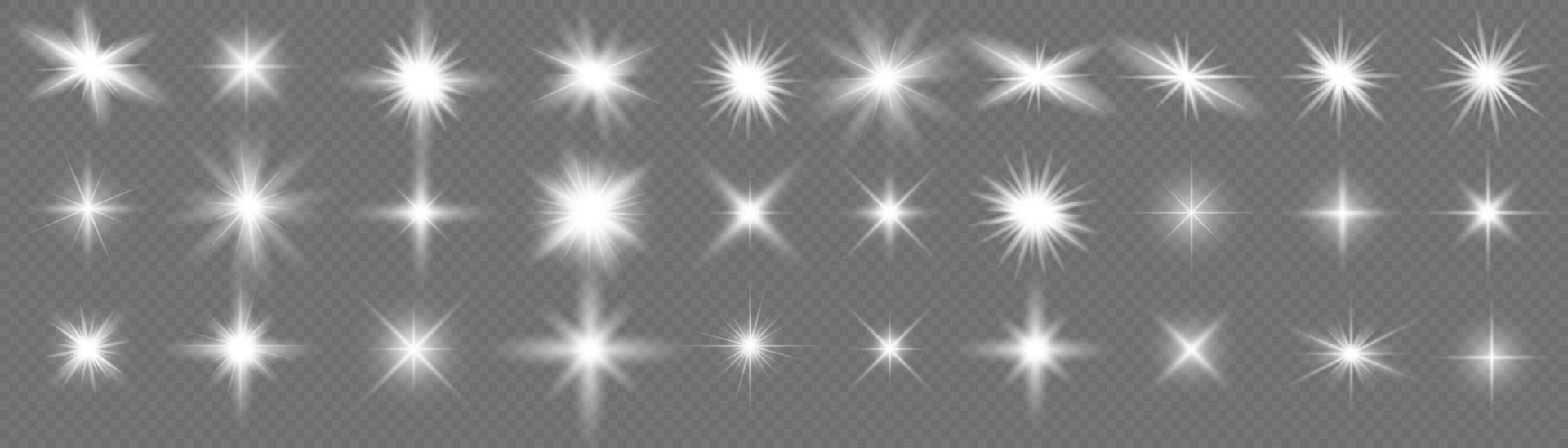 conjunto de efectos de luz blanca aislada blanca, destello de lente, explosión, brillo, línea, destello solar, chispa y estrellas. diseño abstracto de elementos de efectos especiales. vector