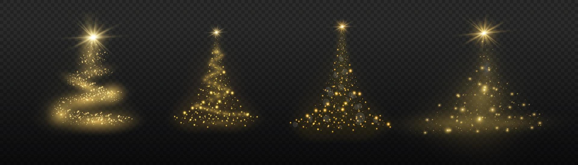 Christmas tree from light vector. Golden Christmas tree as a symbol of a happy New Year, a merry Christmas holiday. Golden light decoration. Bright shiny vector