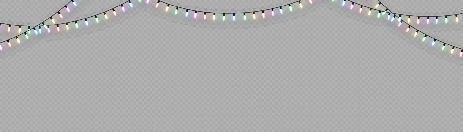 Christmas lights. Vector line with glowing light bulbs. Set of golden xmas glowing garland Led neon lamp illustration.