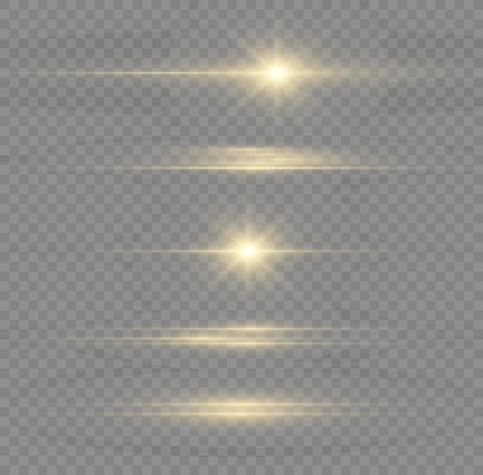 paquete de destellos de lentes horizontales amarillas. rayos láser, rayos de luz horizontales. hermosos destellos de luz. luz de flash con chispas de polvo de hadas y estrellas doradas brillan. luz de brillo polvoriento. vector