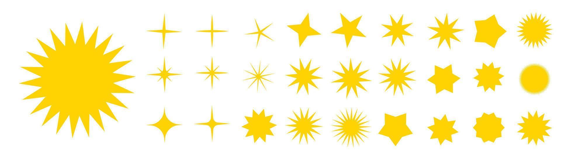 icono de estrella colección de ilustraciones de estrellas centelleantes. chispas, brillante explosión en el cielo. símbolos vectoriales de Navidad aislados. brillo o fuegos artificiales. polvo vectorial diseño plano. vector