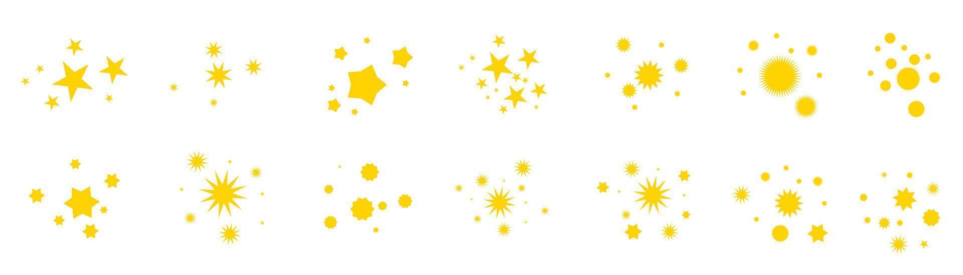 Star icon. Collection of illustrations of twinkling stars. Sparks, shining explosion in the sky. Christmas vector symbols isolated. Shine or fireworks. Vector dust. Flat design.