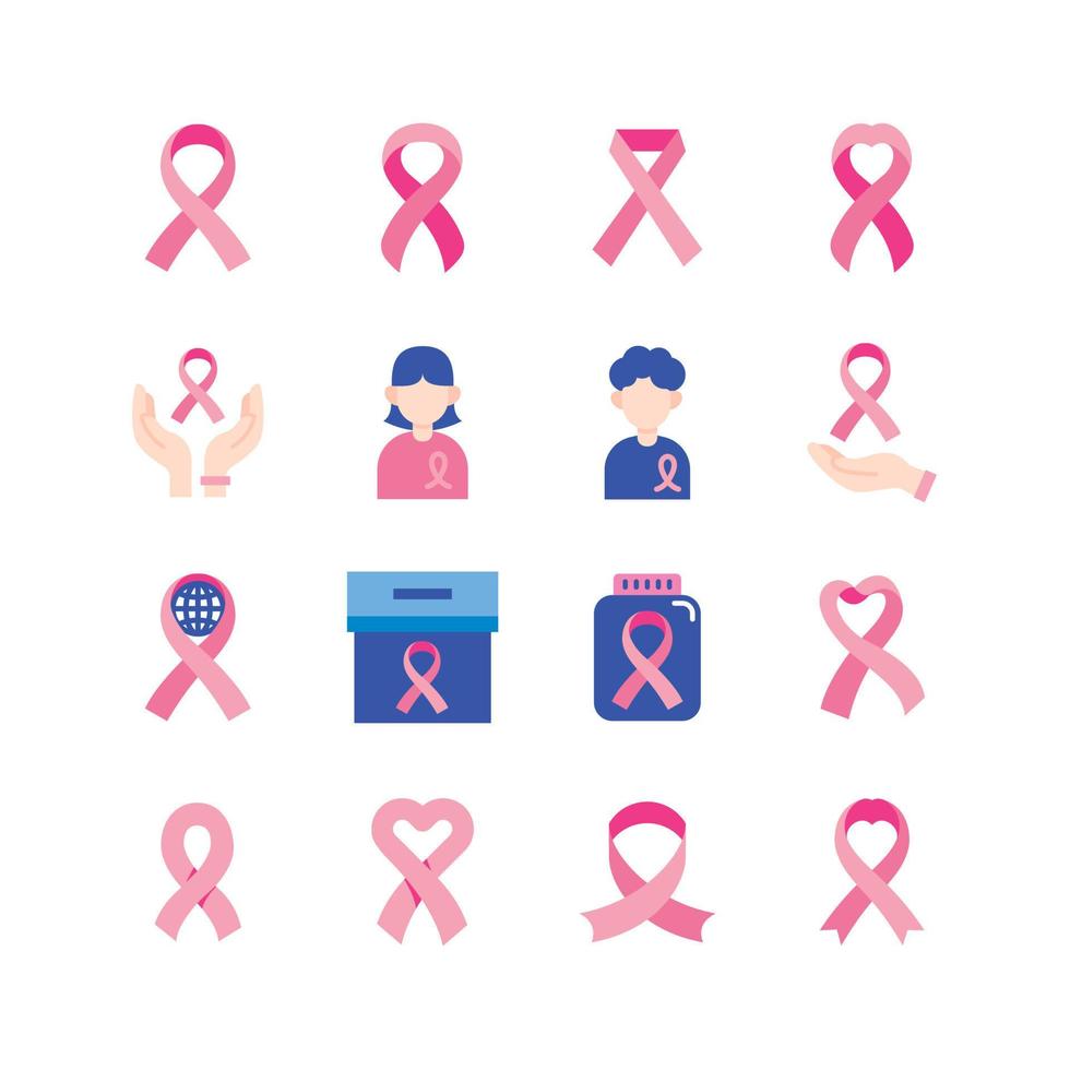 icono de día de cáncer de mama cruzado de cinta rosa vectorial. conjunto de iconos planos. idea de concepto de lucha contra el cáncer de mujeres. vector