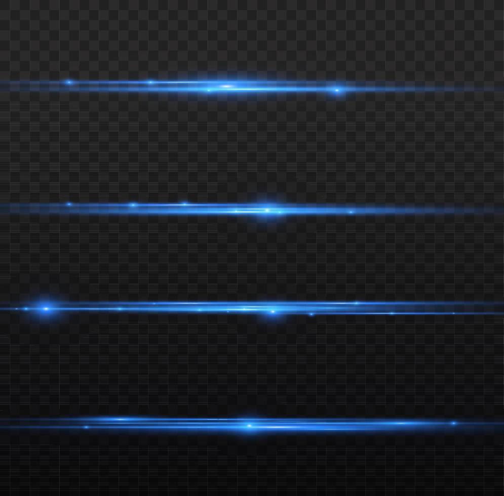 Set of blue horizontal highlights. Laser beams, horizontal beams of light. Beautiful light reflections. Glowing stripes on a light background. vector