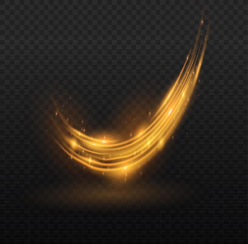 Yellow glowing shiny lines effect vector. Luminous white lines of speed. Light glowing effect. Light trail wave, fire path trace line and incandescence curve twirl. vector