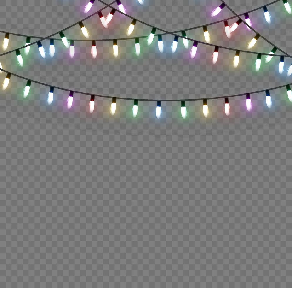 Christmas lights. Vector line with glowing light bulbs. Set of golden xmas glowing garland Led neon lamp illustration.