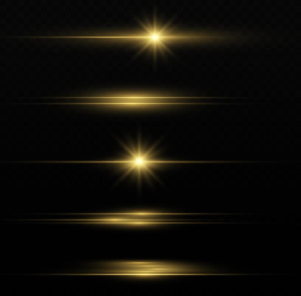 Yellow horizontal lens flares pack. Laser beams, horizontal light rays. Beautiful light flares. Flash light with fairy dust sparks and golden stars shine. Dusty shine light. vector