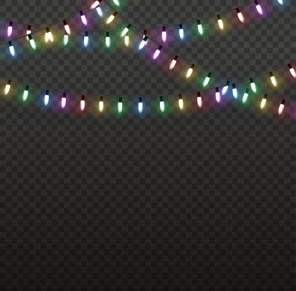 Christmas lights. Vector line with glowing light bulbs. Set of golden xmas glowing garland Led neon lamp illustration.