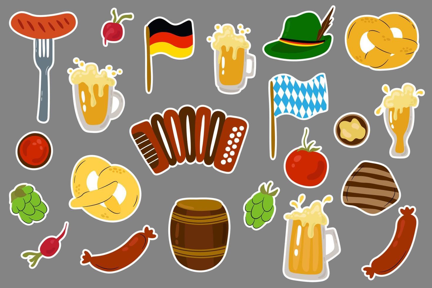 Hand drawn set of stickers for Oktoberfest. Drawn style. Vector illustration.