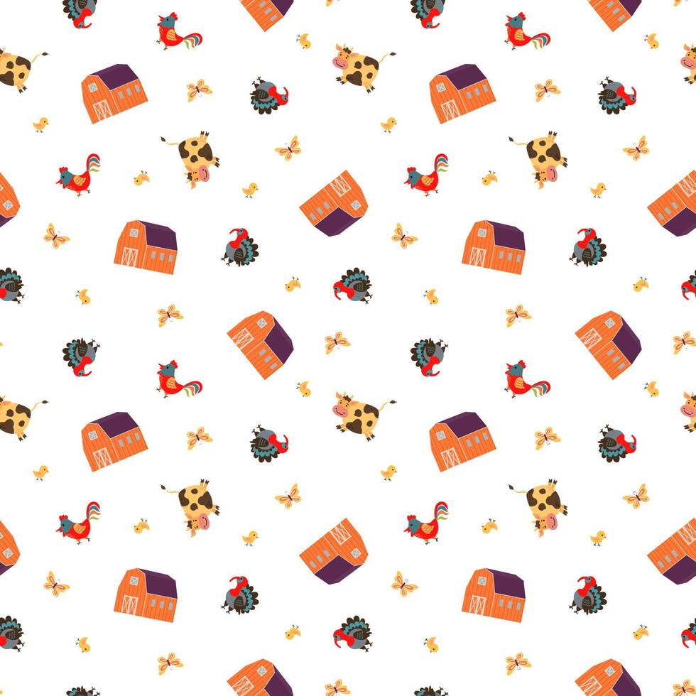 Seamless pattern with cute farm illustrations. Farm in hand-drawn style. Design for fabric, textile, wallpaper, packaging. vector