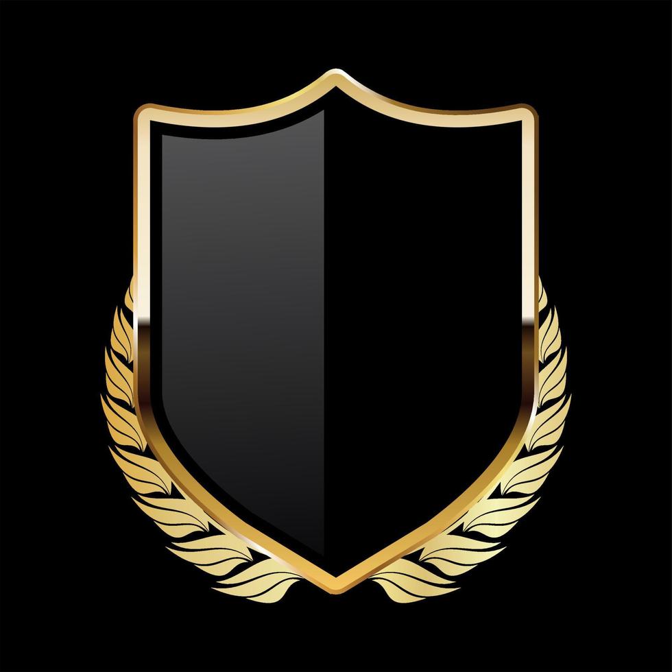 Black shield with golden laurel wreath on black background vector