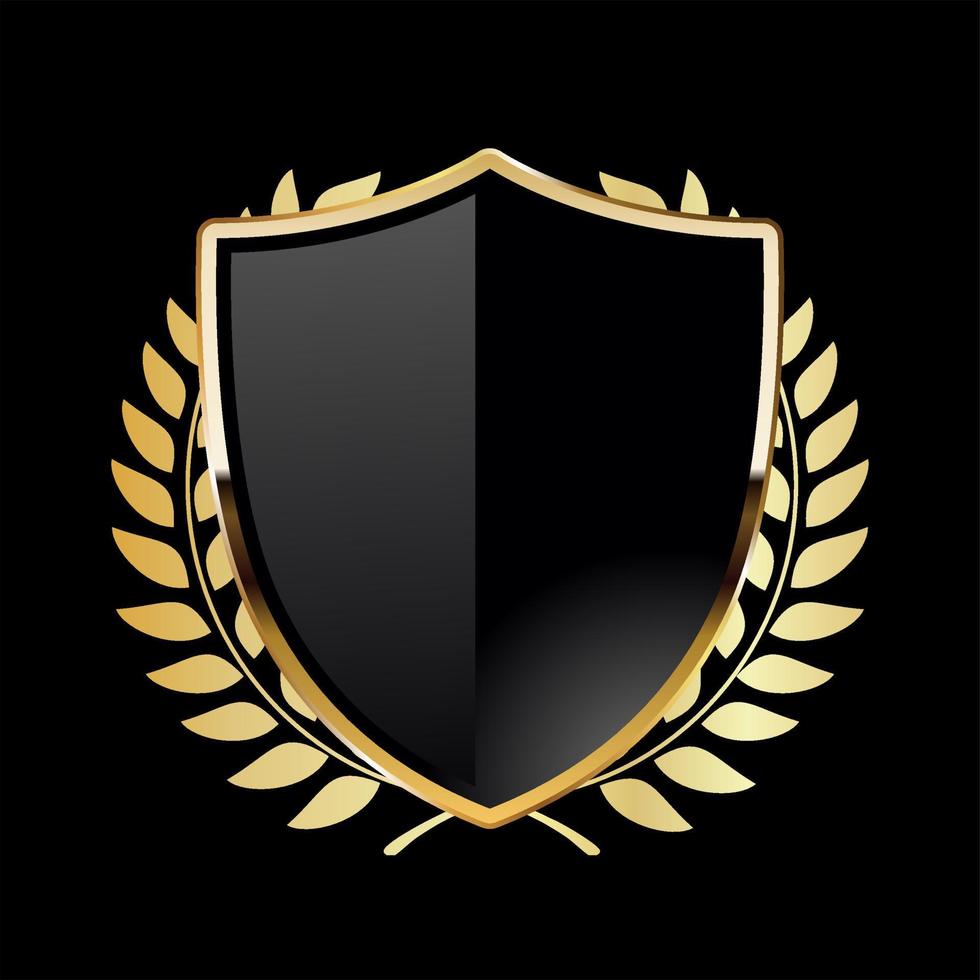 Black shield with golden laurel wreath on black background vector