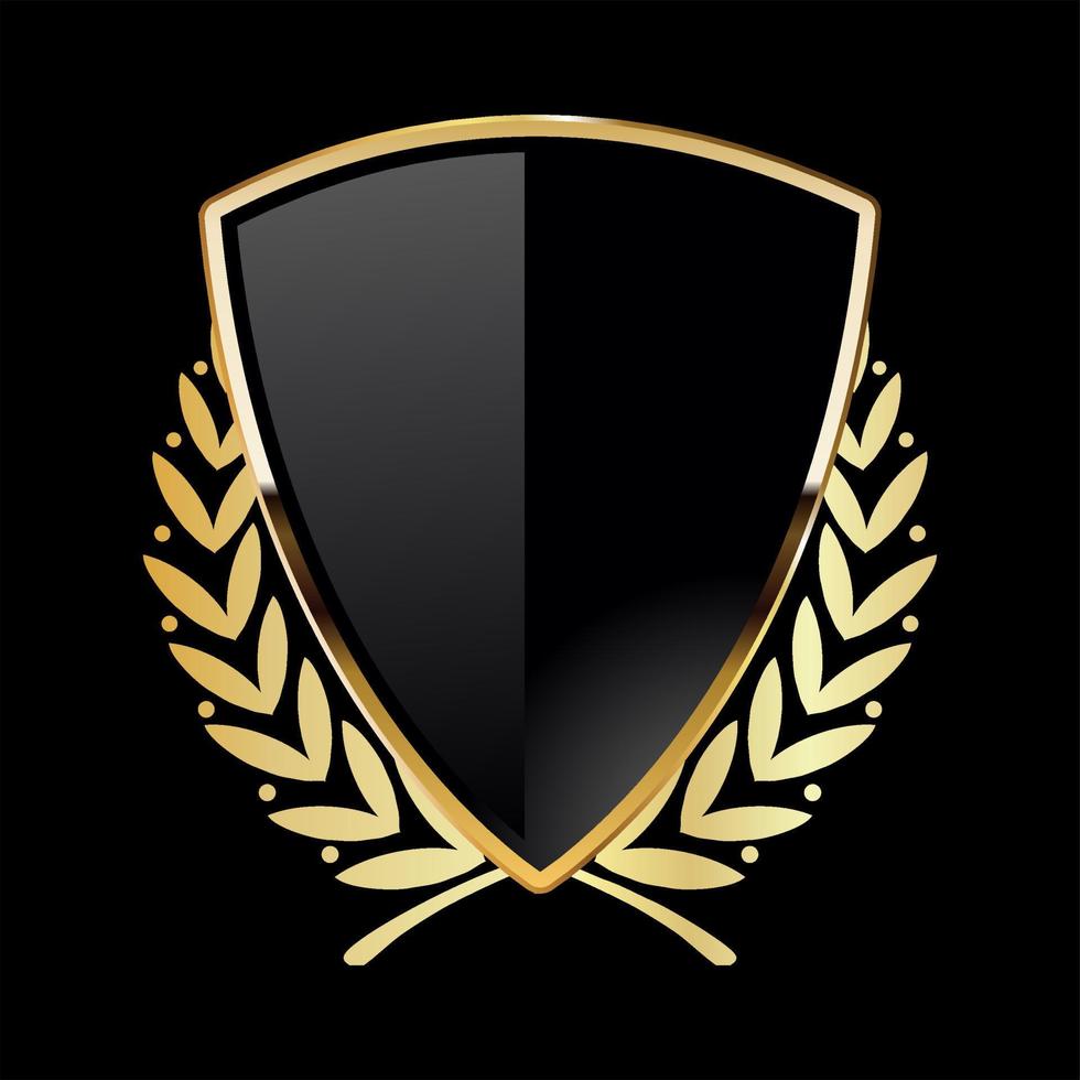 Black shield with golden laurel wreath on black background vector