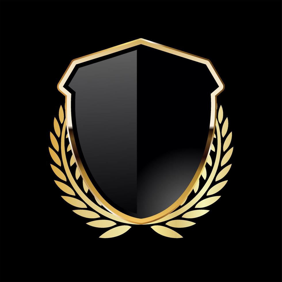 Black shield with golden laurel wreath on black background vector