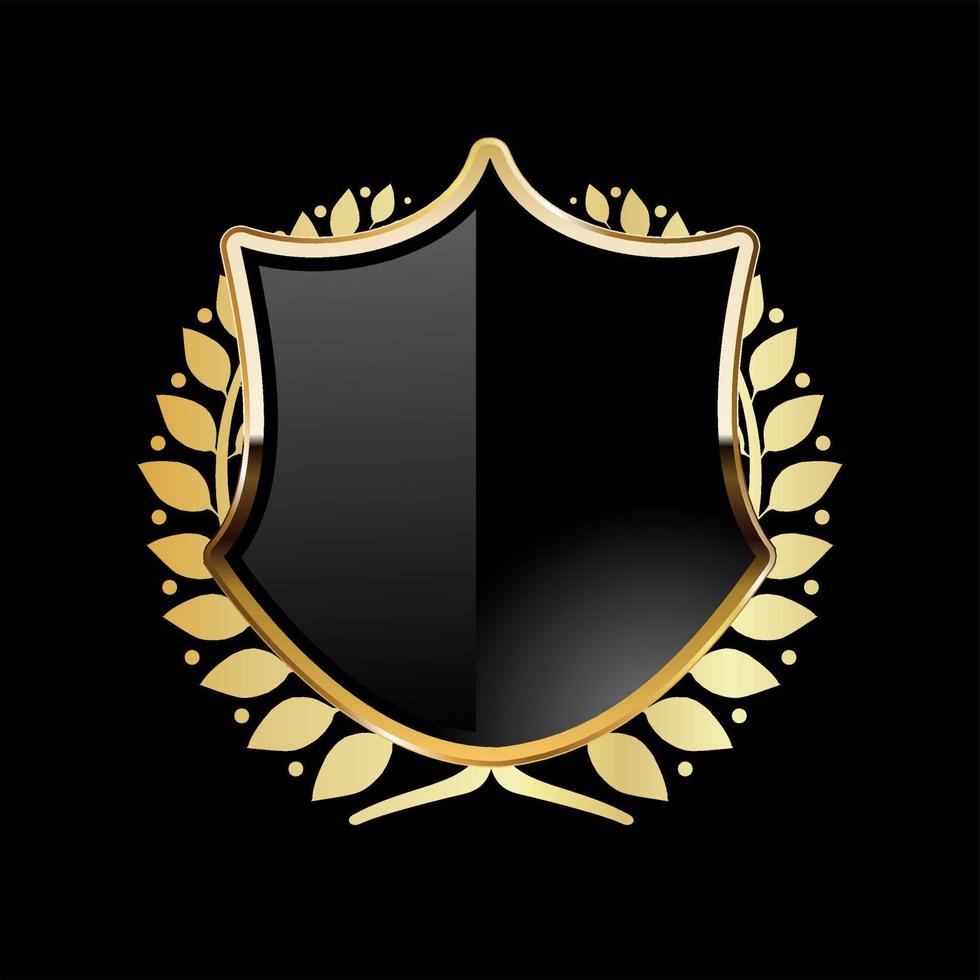 Black shield with golden laurel wreath on black background vector