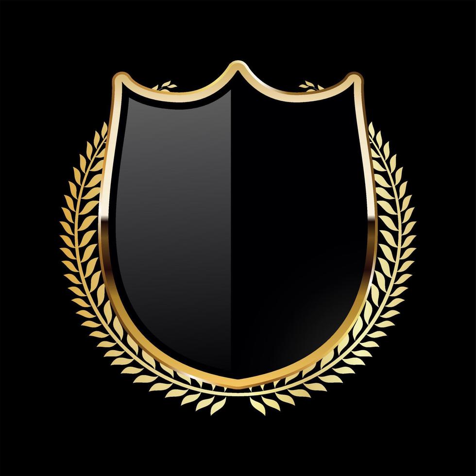 Black shield with golden laurel wreath on black background vector