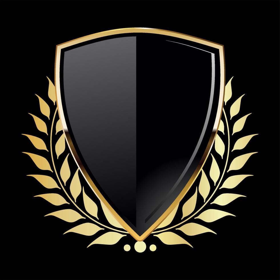 Black shield with golden laurel wreath on black background vector