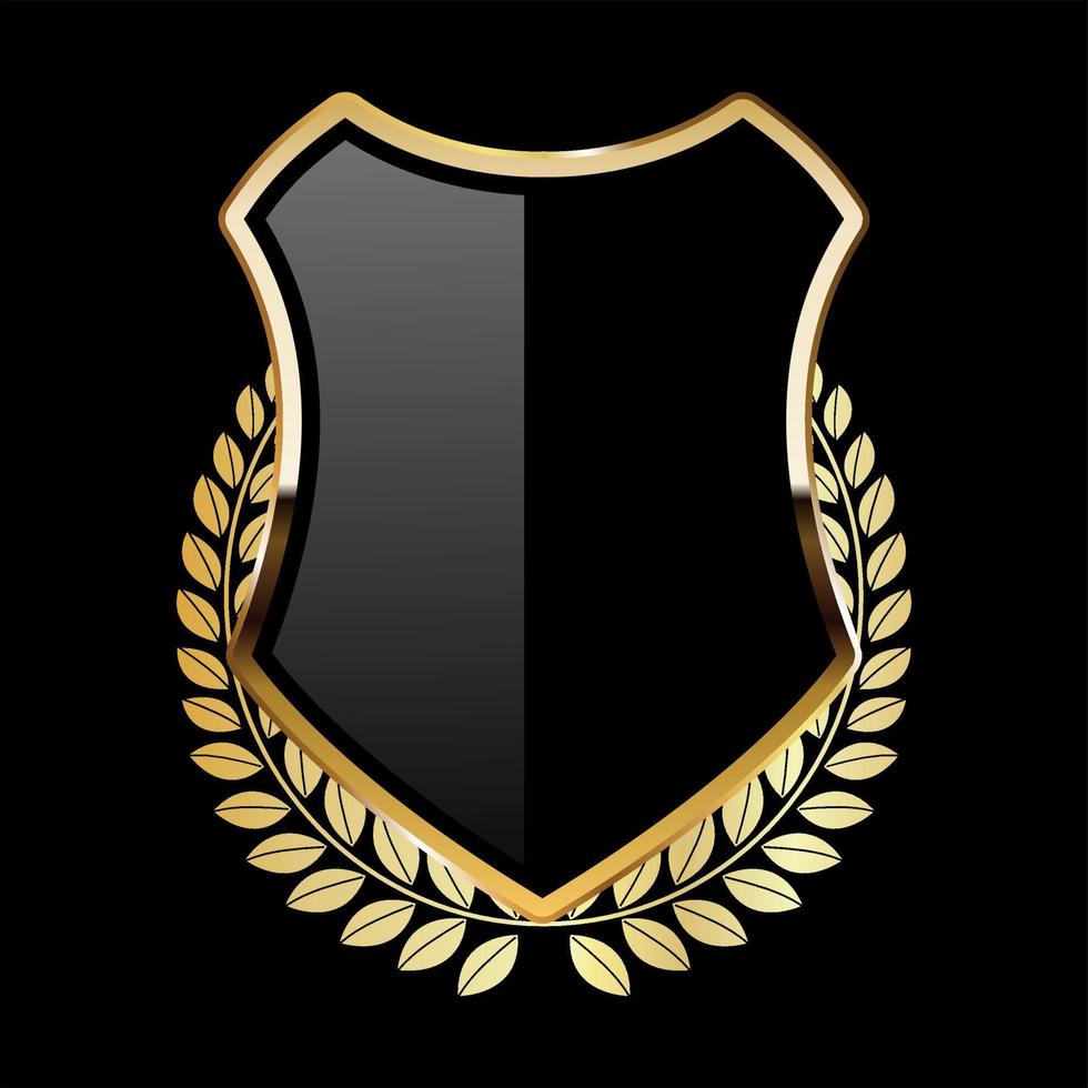 Black shield with golden laurel wreath on black background vector