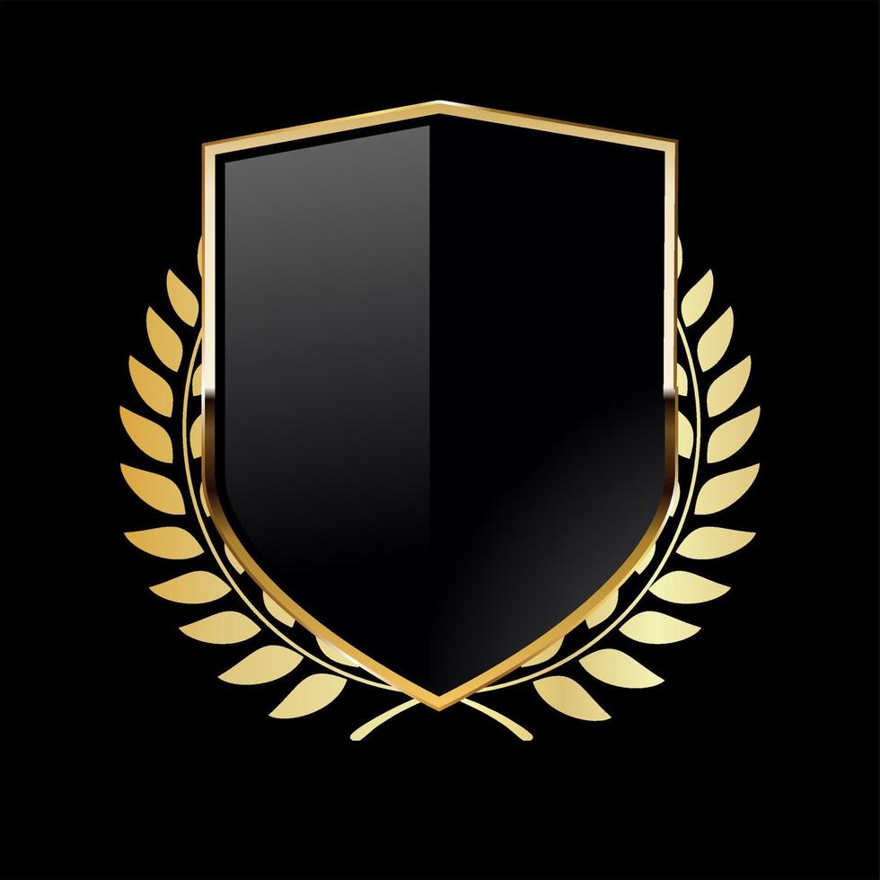 Black shield with golden laurel wreath on black background vector