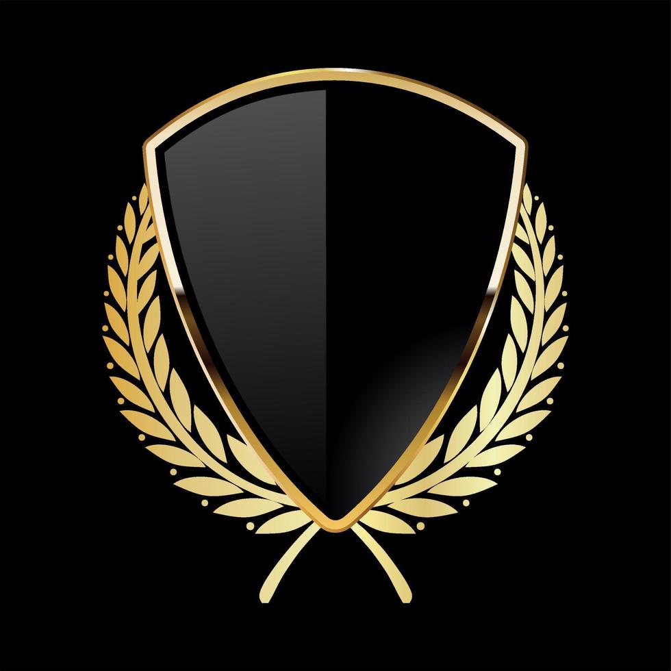 Black shield with golden laurel wreath on black background vector