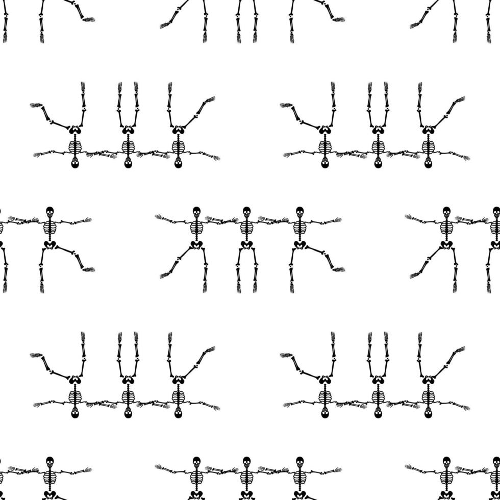 Black skeletons in various poses pattern. Halloween design. Perfect for fall, holidays, fabric, textile. Seamless repeat swatch. vector