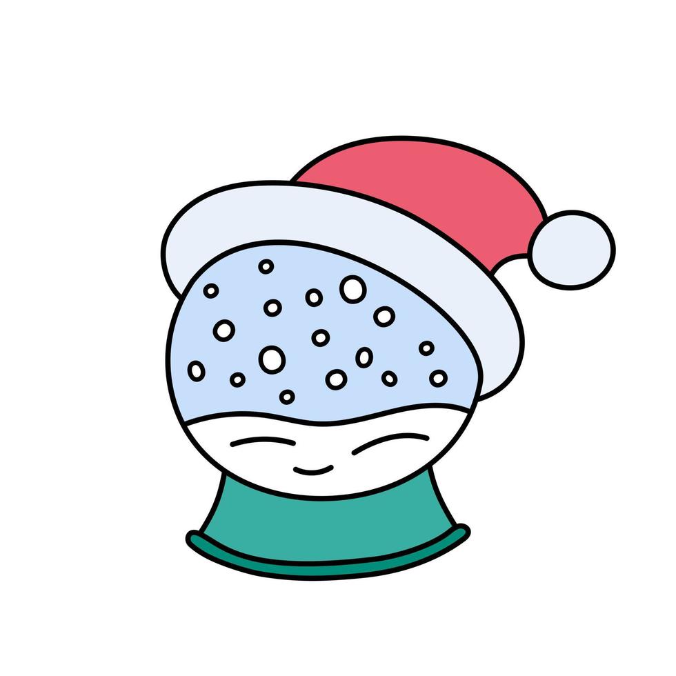 Snowball doodles isolated. Cartoon funny crystal snow ball in Santa Claus cap. Vector illustration. Christmas and winter symbol