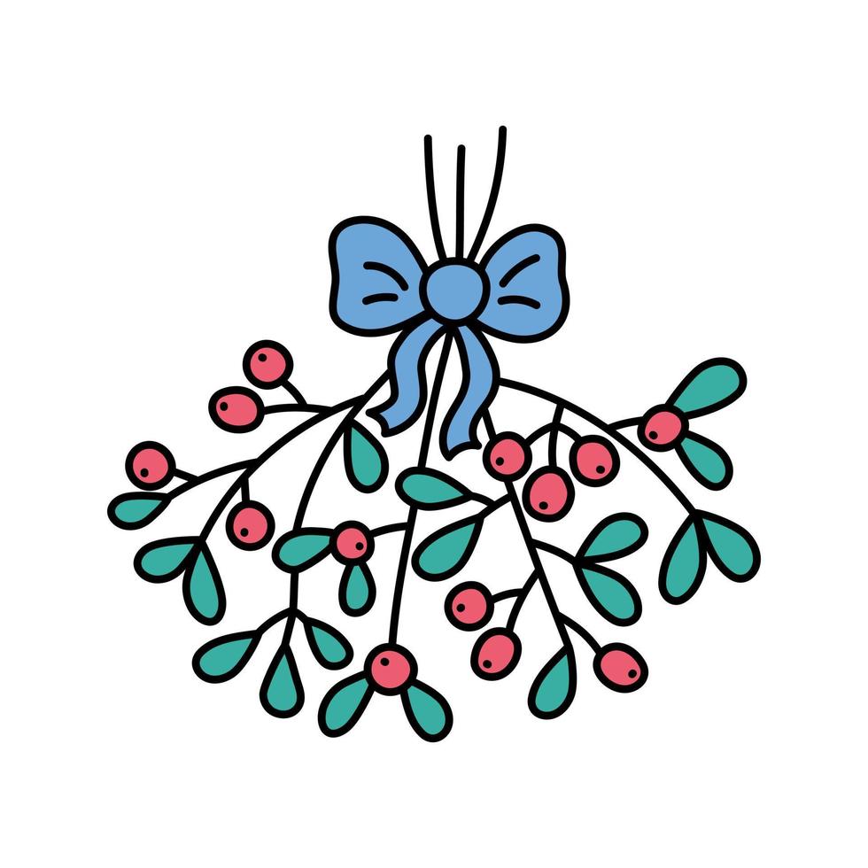 Mistletoe twigs with bow isolated. Christmas symbol. Vector illustration of doodles mistletoe leaves and red berries