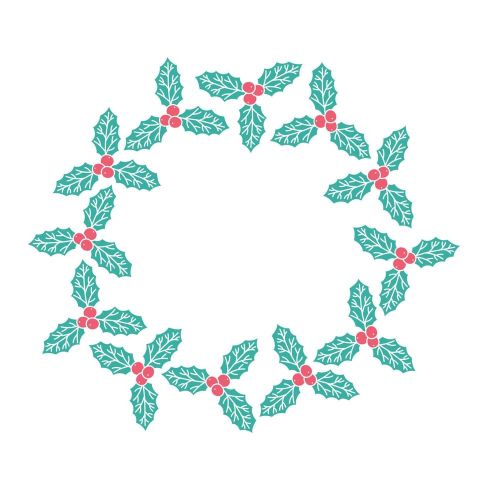 corona navideña con hojas de acebo y bayas. ilustración vectorial del marco redondo de la hoja de ilex. borde de Navidad aislado sobre fondo blanco. lindos garabatos de invierno vector