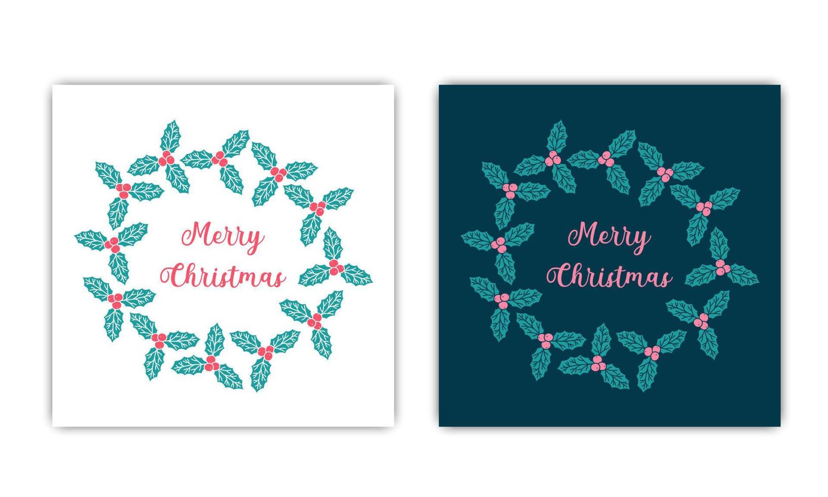 Merry Christmas greeting cards set. Text inside round frame. Decorative wreath with holly leaves and berries. Cute Christmas border isolated on white and dark background. Vector illustration
