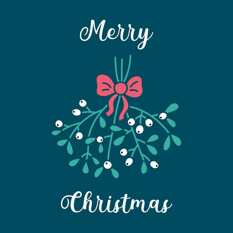 Merry Christmas greeting card. Mistletoe twigs with bow and text. Vector illustration of creative mistletoe leaves and white berries on dark background