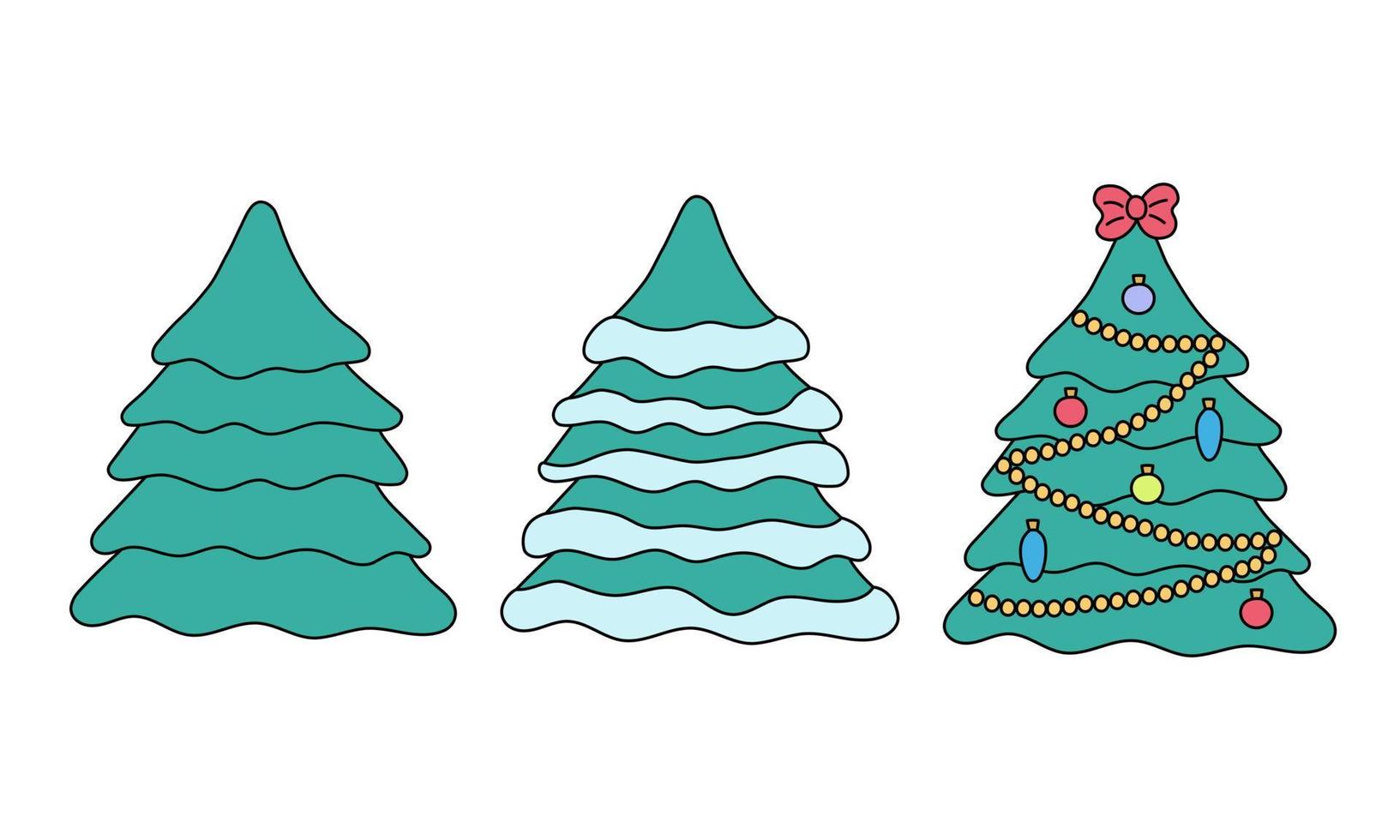 conjunto de garabatos de árbol de Navidad. ilustración vectorial de abetos festivos aislados vacíos, con nieve y decorados. lindo símbolo de navidad de dibujos animados sobre fondo blanco vector