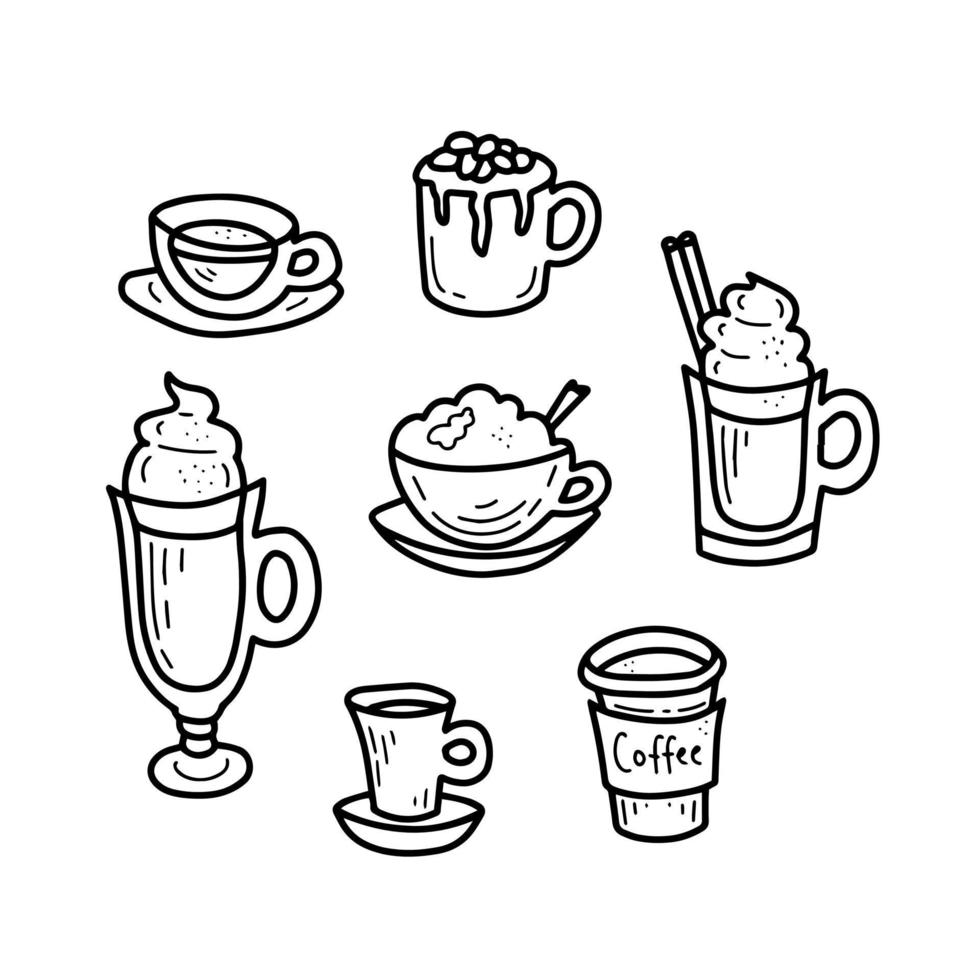 Set of hand drawn coffee drinks doodles vector