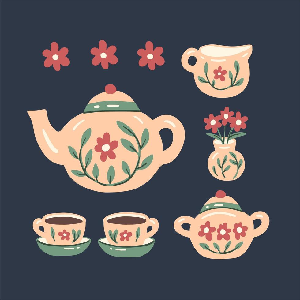 lindo juego de té ilustración vectorial en estilo shabby chic vector