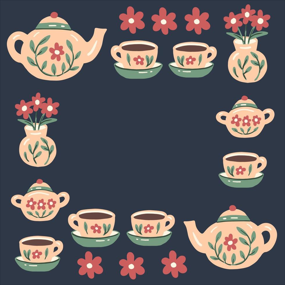 Ilustración de vector de plantilla de marco de té lindo