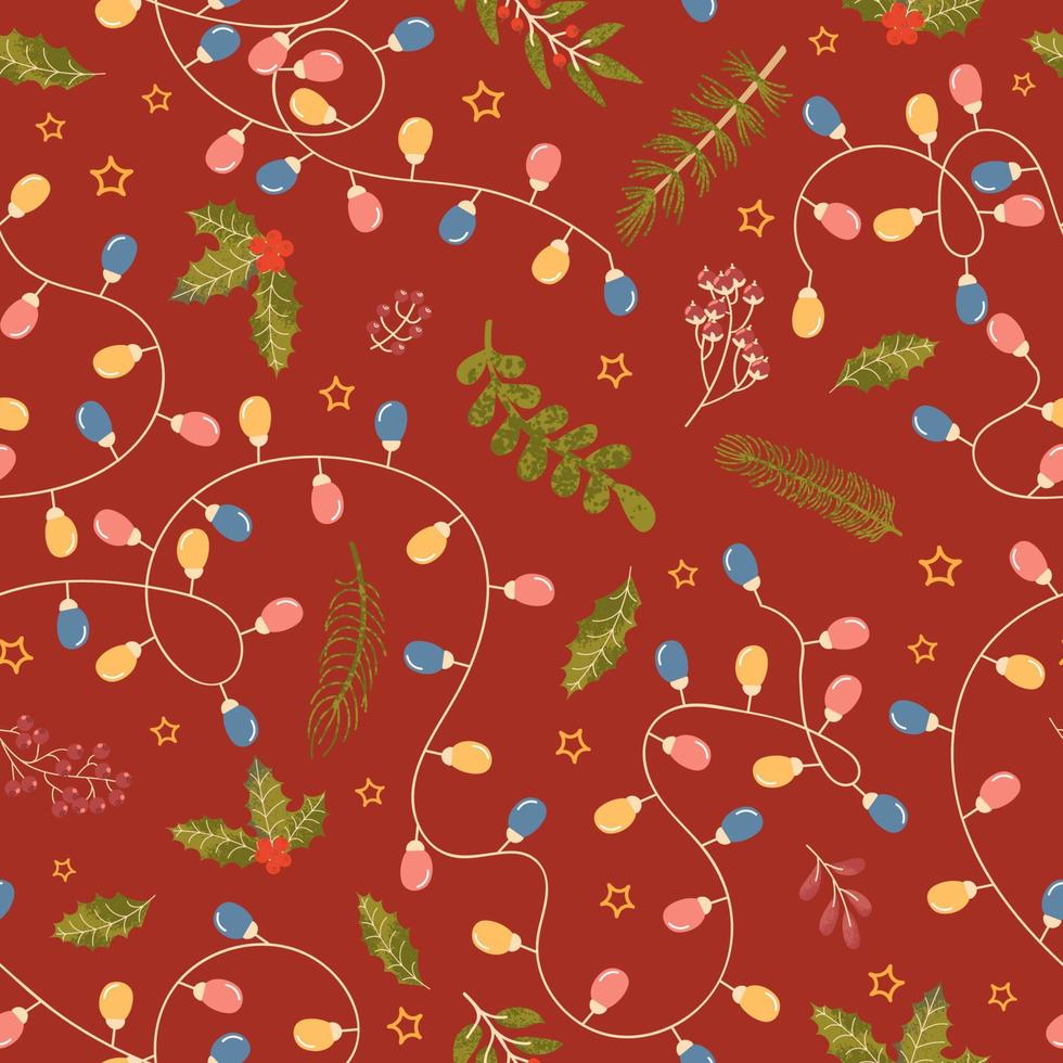 Vector modern seamless pattern with colorful hand draw illustration of Christmas decorations holly. Wallpaper, textile print, fills, web page, surface textures, wrapping paper, design of presentation