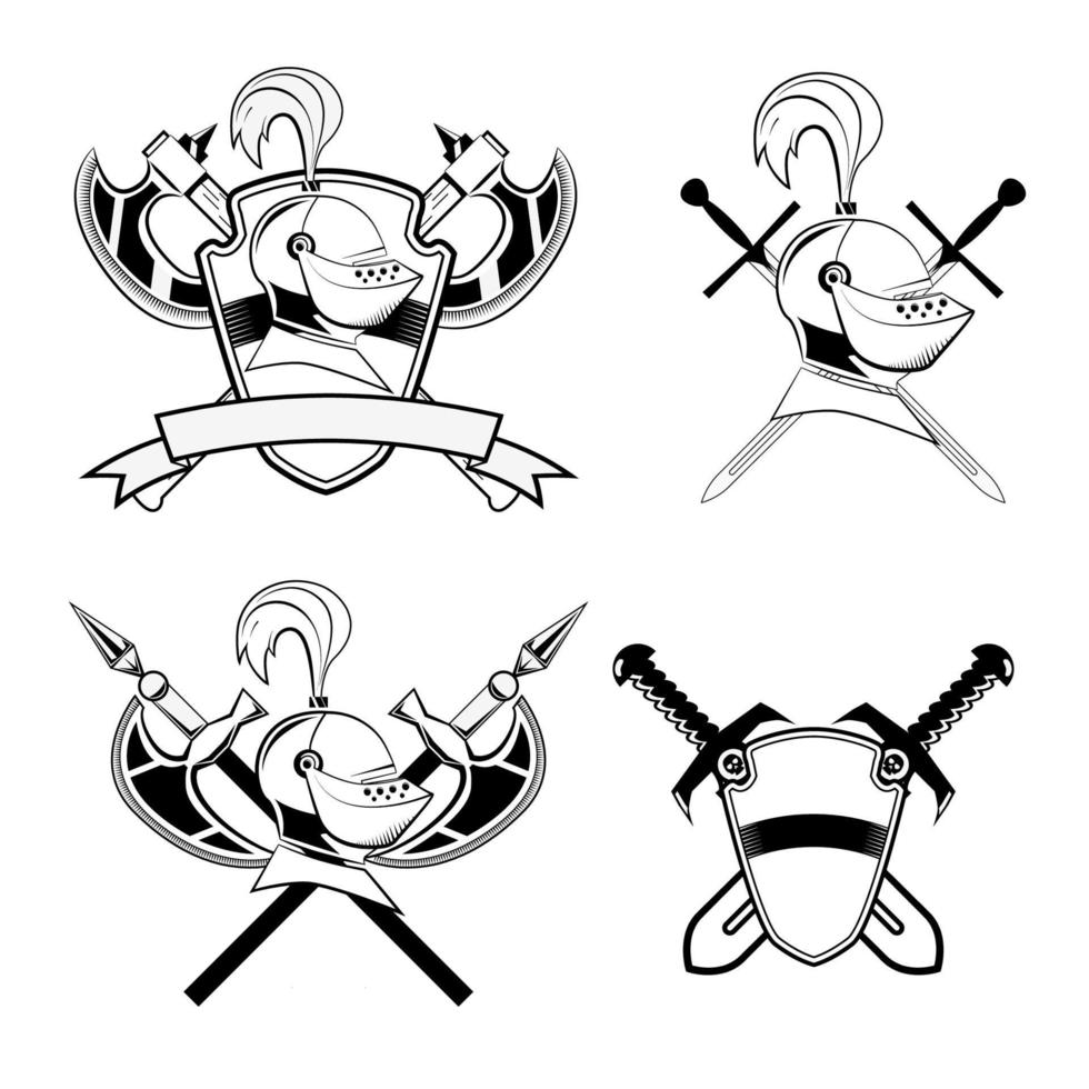 casco de caballero, escudo y espadas y hacha de batalla. conjunto de elementos de diseño en vector