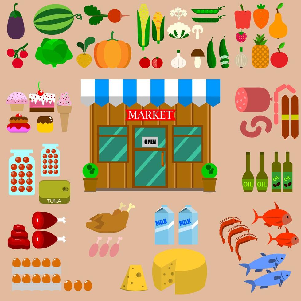 tienda de comestibles, íconos de comida. vector